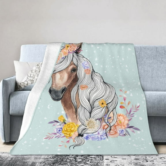 Horse Flower Blanket, Gifts for Men Women, Lightweight Cozy Warm Flannel Blankets Throw for Home Decor Bed Couch,60"X50"