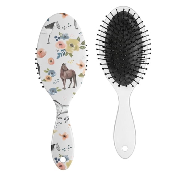 Horse & Flower Print Paddle Hair Brush - Gentle Detangler with Round-Tip Bristles for Women & Kids, Anti-Frizz & No-Pull Design for All Hair Types