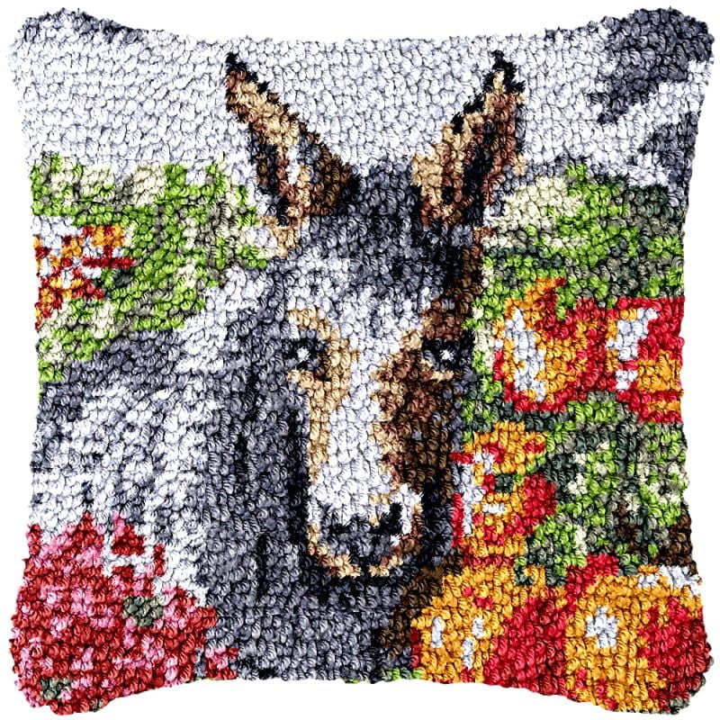Horse and Flowers Latch Hook Pillow Cover Kits for DIY Handmade Throw Pillow Cross Stitch Latch Hook Pillowcase Rug Kits with Preprinted Color Pattern Canvas Crochet Yarn Kits 17''X 17''(ch57)