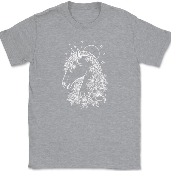 Horse Flowers Moon T-Shirt Funny Equestrian Pony Riding Hobby Steed Tee - Heather Grey, 2XL