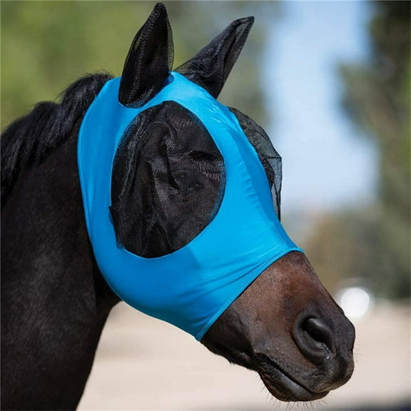 Horse Fly Mask Comfort-Fit,Smooth,Stretch Material, Equine Mesh Around The Eyes and Ears Allows for Clear Vision and Keeps Flies and Bugs Away(Blue)