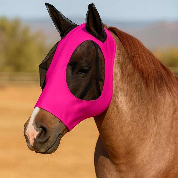 Horse Fly Mask Comfort-Fit,Smooth,Stretch Material, Equine Mesh Around The Eyes and Ears Allows for Clear Vision and Keeps Flies and Bugs Away(Pink)