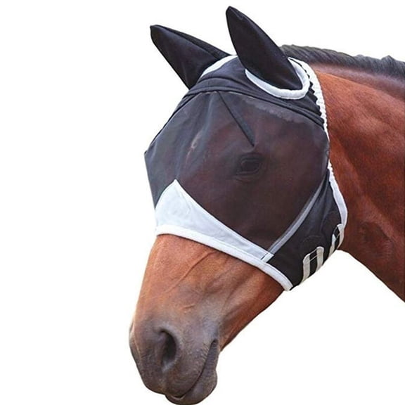 Horse Fly Mask with Ears Breathable Mesh UV Protection Equine Face Cover with Adjustable Straps Breathable Summer Spring Comfortable Fly Mask for Indoor Outdoor Riding and Grazing