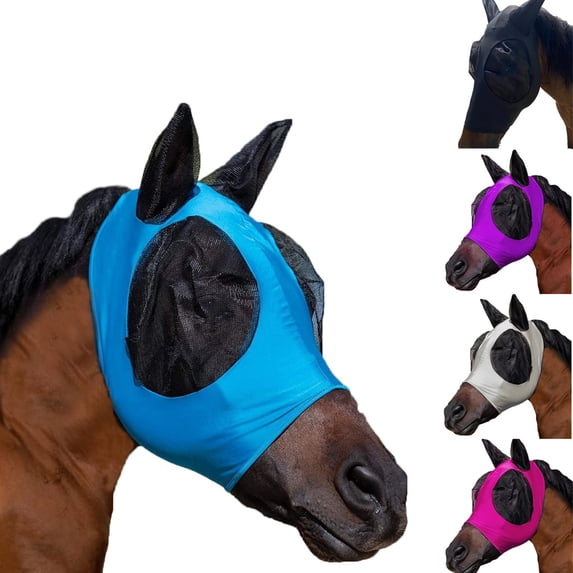Horse Fly Mask With Ears Equine Uv Protection Fly Mask Elasticity Fly Cover For Horse Riding(Blue-24X24Cm)