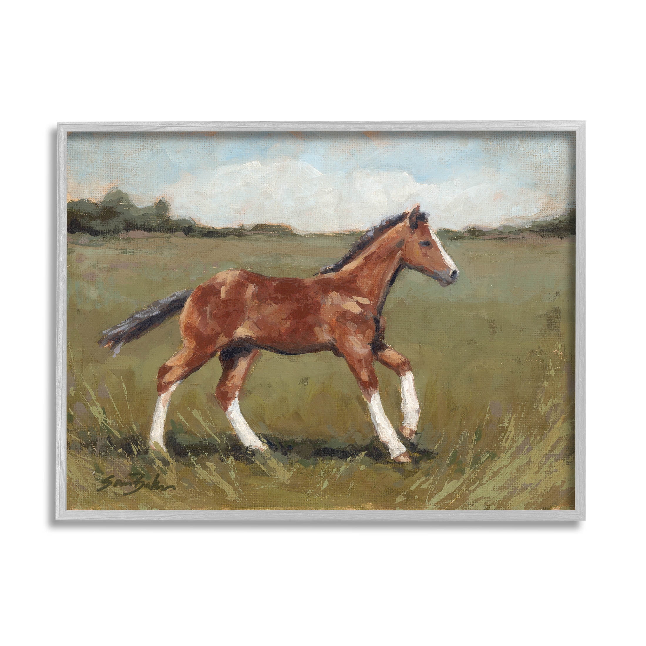 Horse Foal Galloping Countryside Animals & Insects Painting Gray Framed Art Print Wall Art