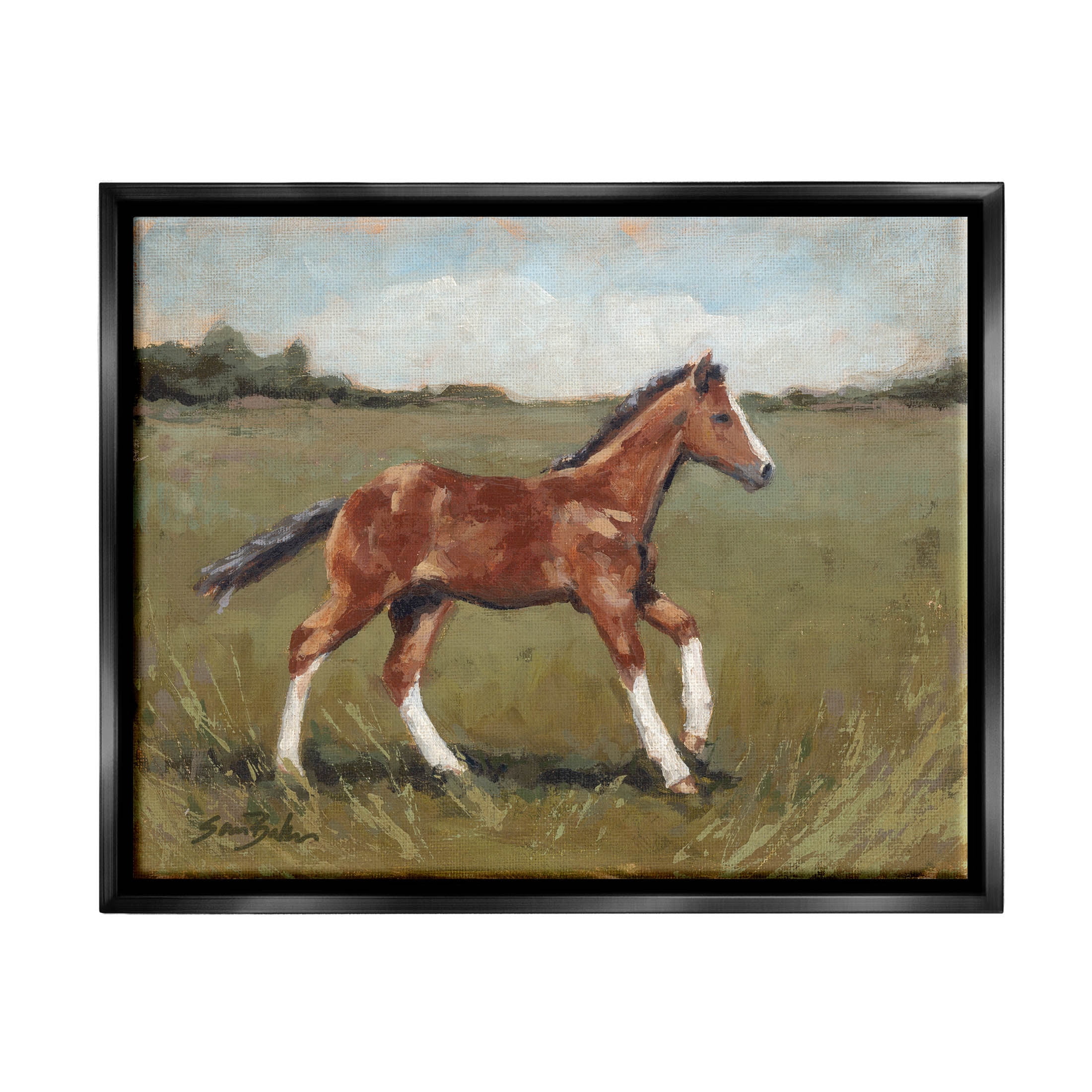 Horse Foal Galloping Countryside Animals & Insects Painting Jet Black Framed Art Print Wall Art