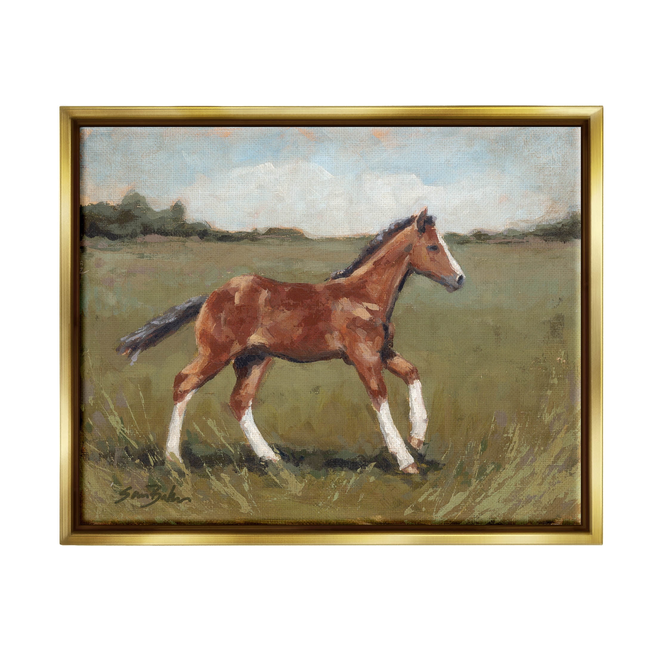 Horse Foal Galloping Countryside Animals & Insects Painting Metallic Gold Framed Art Print Wall Art