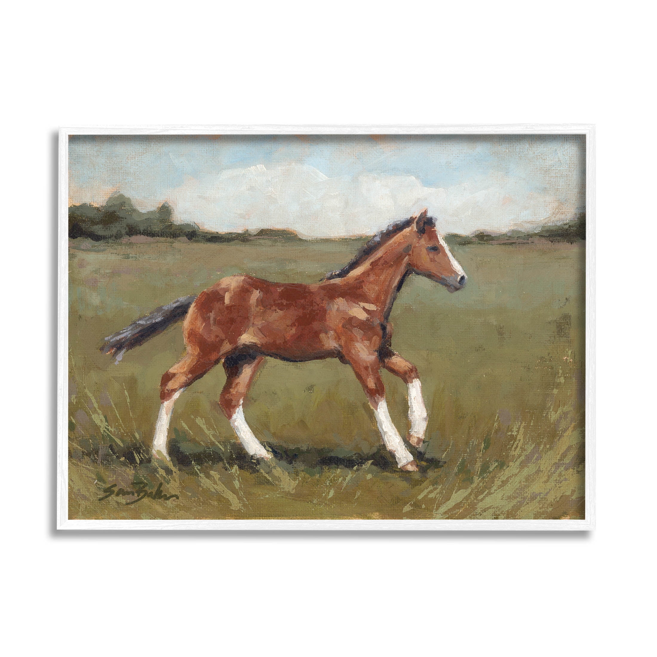 Horse Foal Galloping Countryside Animals & Insects Painting White Framed Art Print Wall Art