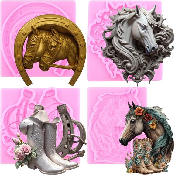Horse Fondant Molds Horseshoe Hoof Silicone Mold Cowboy Boot Chocolate Candy Molds For Cake Decorating Cupcake Topper Polymer Clay Set Of 4