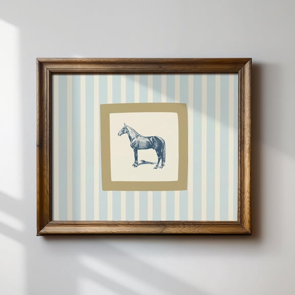 Horse French Style Blue And White Striped Illustration Prints Cottage Core Room Decor Wall Art Print