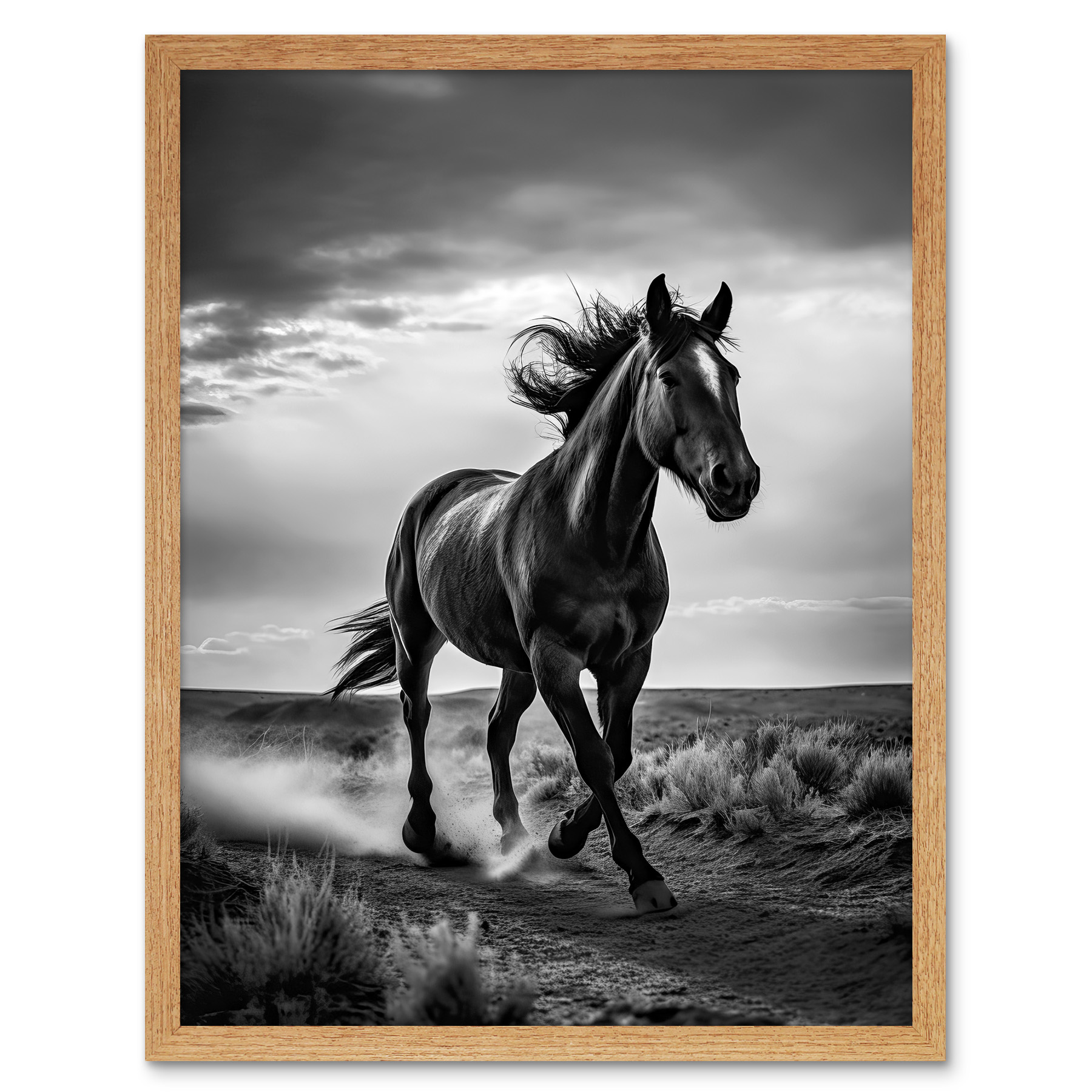 Horse Galloping Desert Landscape Black and White Art Print Framed ...