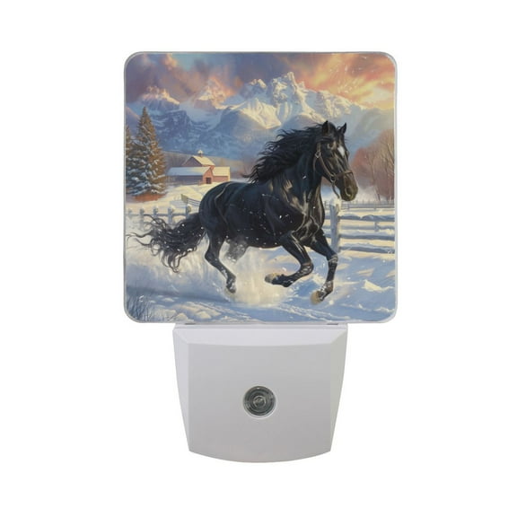 Horse Galloping in Snow Night Light 2 Pack LED Nightlight Plug into Wall Dusk to Dawn Sensor Soft White