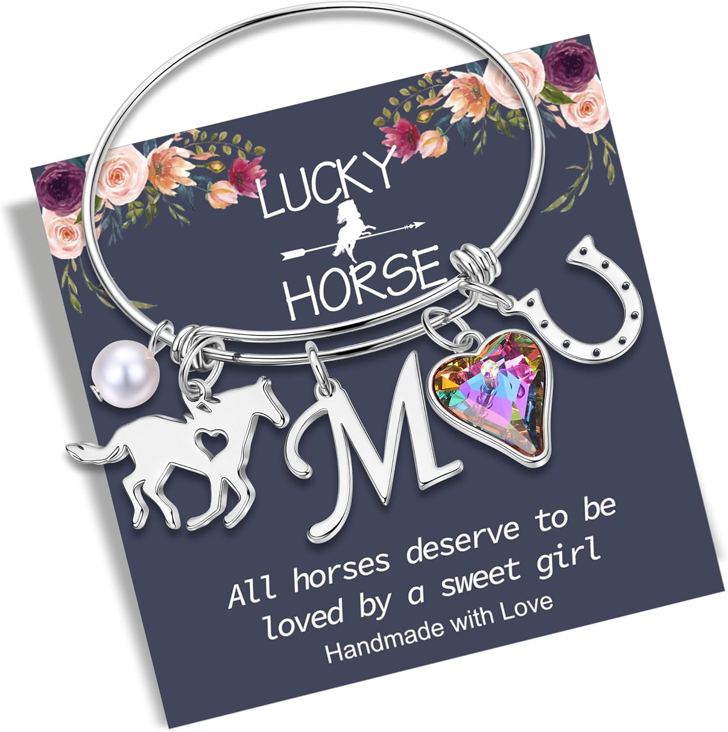 Stainless Steel Horse Bracelet With Initial Charm - Adjustable Bangle For Horse Lovers, Girls & Women