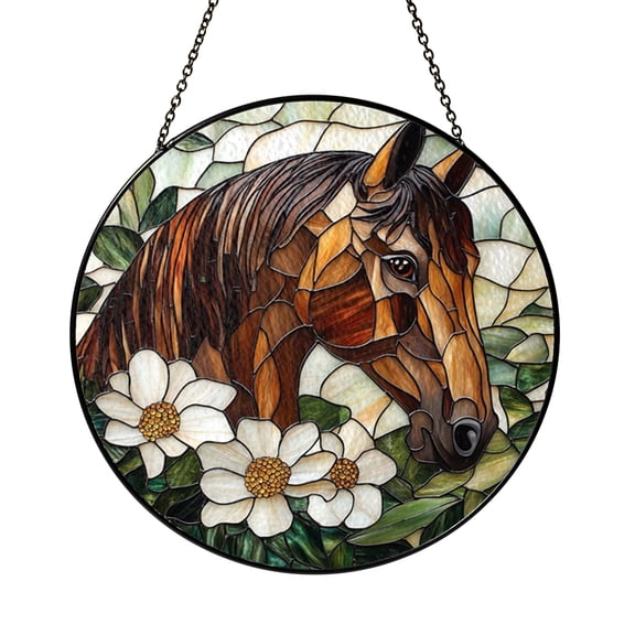 Horse Glass Suncatcher with Floral Accents, Decorative Window Hanging Featuring Horse Silhouette Combined with Flower and Nature Elements