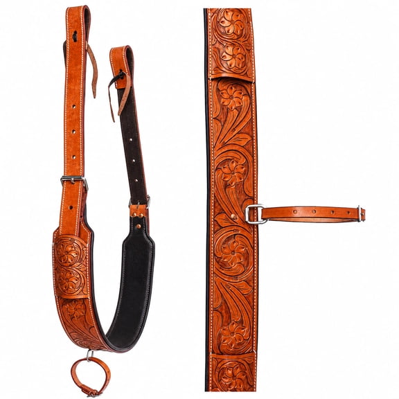 Horse Handcrafted 3" Wide Floral Tooled Oiled Brown Padded Leather Rear Flank Saddle Cinch Girth with Billets 97122TN