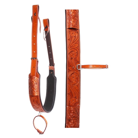 Horse Handcrafted 3" Wide Floral Tooled Oiled Brown Padded Leather Rear Flank Saddle Cinch Girth with Billets 97122TN
