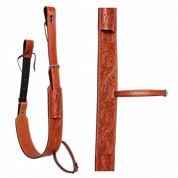 Horse Handcrafted 3" Wide Floral Tooled Oiled Tan Leather Rear Flank Saddle Cinch Girth with Billets 97121TN