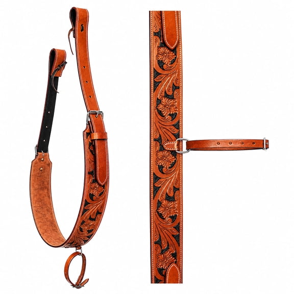 Horse Handcrafted Floral Tooled Black Inlay Oiled Tan Leather Rear Flank Saddle Cinch Girth with Billets 97123TN