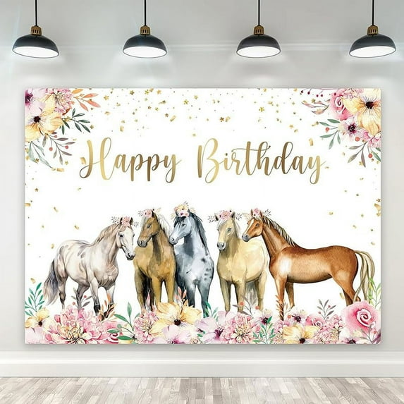 Horse Happy Birthday Backdrop Watercolor Florals Western Cowgirl Photography Background for Girls Women Princess Children Table Decor Banner Studio Photo Shoot