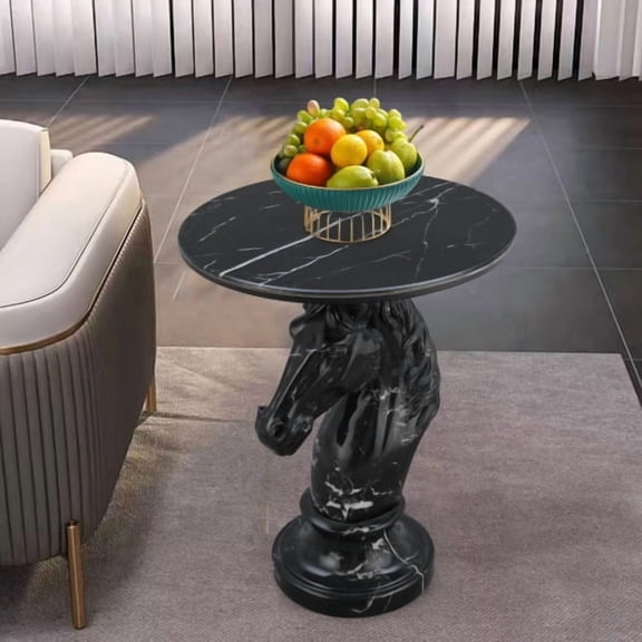Horse Head Accent Table, Animal Statue Side Table with Faux Marble Top, Black Resin Sculpture End Table for Living Room and Home Decor