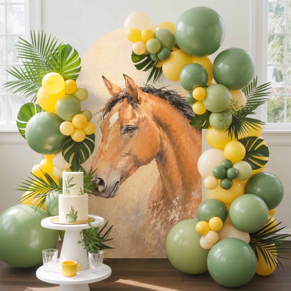 Horse Head Arch Backdrop Cover, 4FT, Rustic Farmhouse Western Brown Grassland Spandex Arch Covers Double-Sided Backdrop for Wedding Birthday Party Photo Background Decoration