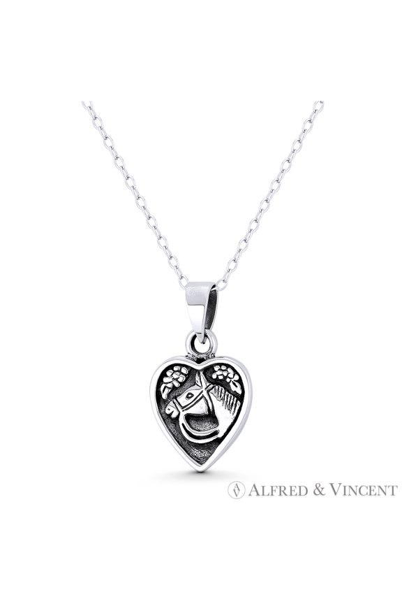 Horse Head Cameo on Heart Animal Charm 23x13mm (0.9x0.5in) Pendant & Chain Necklace in Oxidized .925 Sterling Silver