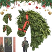 Horse Head Christmas Wreath - Handmade Rustic Equestrian Door Wreath for Front Door Decor, Festive Horse Christmas Decorations, Durable Fabric Wreath for Outdoor Holiday Use,16.54*12.99in, Green