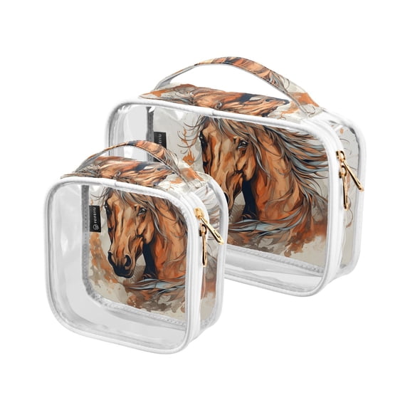 Horse Head Clear Cosmetic Bags with Handles PVC Toiletry Bags Zipper Waterproof Portable for Traveling 2 Pcs