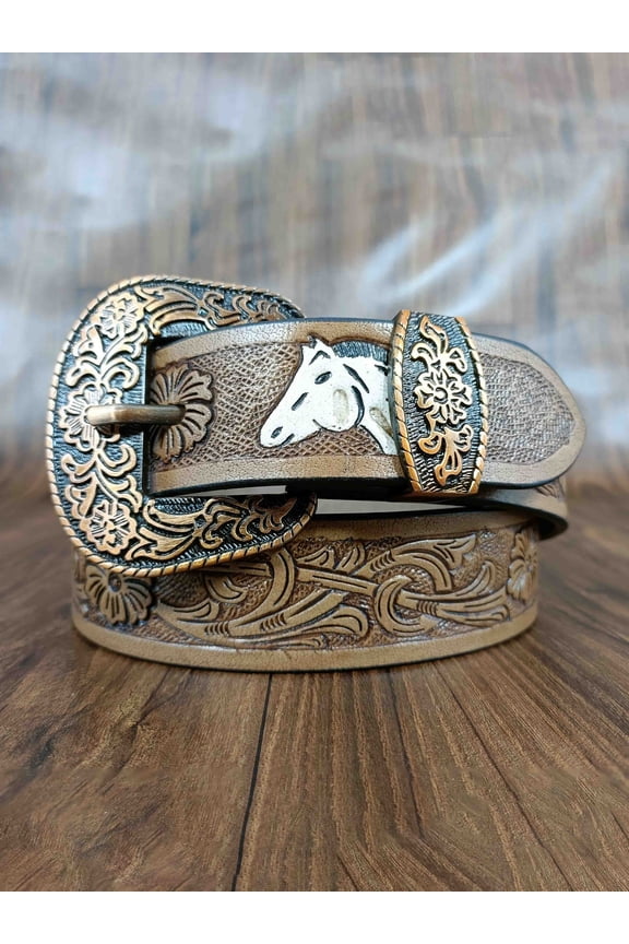 Horse Head Design Tooled Western Belt