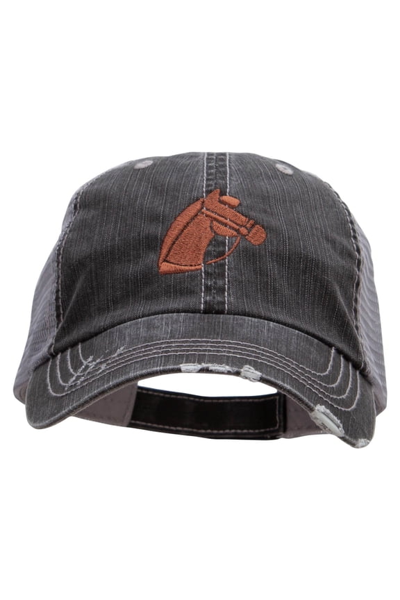 Horse Head Embroidered Frayed Mesh Cap - Black OSFM