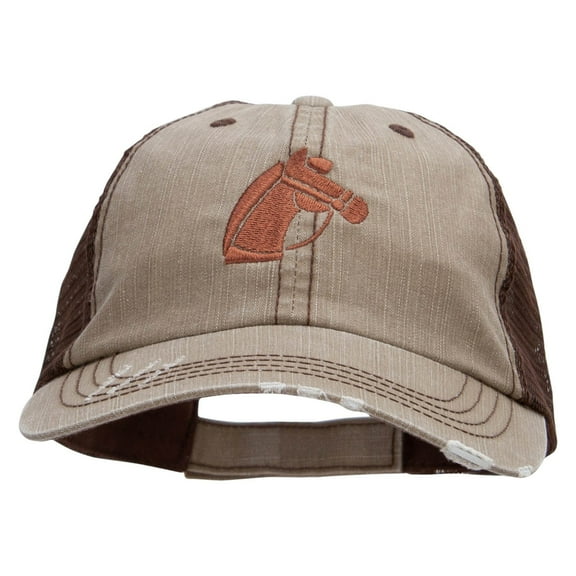 Horse Head Embroidered Frayed Mesh Cap - Brown OSFM