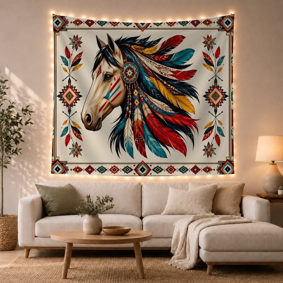 Horse Head with Feather Headdress and Borders, Adventurous Rustic Style for Horse Lovers, Western Wall Decor Housewarming Gift, Tapestry Wall Hanging for Bedroom and Dorm