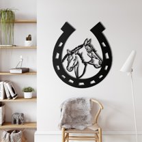 Horse Head Horseshoe Metal Wall Art for Home and Outside - Wall-Mounted Geometric Metal Wall Decor - Drop Shadow 3D Effect Wall Decoration for Living Room Bedroom