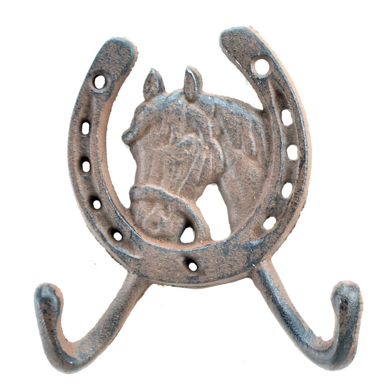 Horse Head Horseshoe Western Double Wall Hanger With 2 Hooks Distressed  Brown Cast Iron 5 Tall 