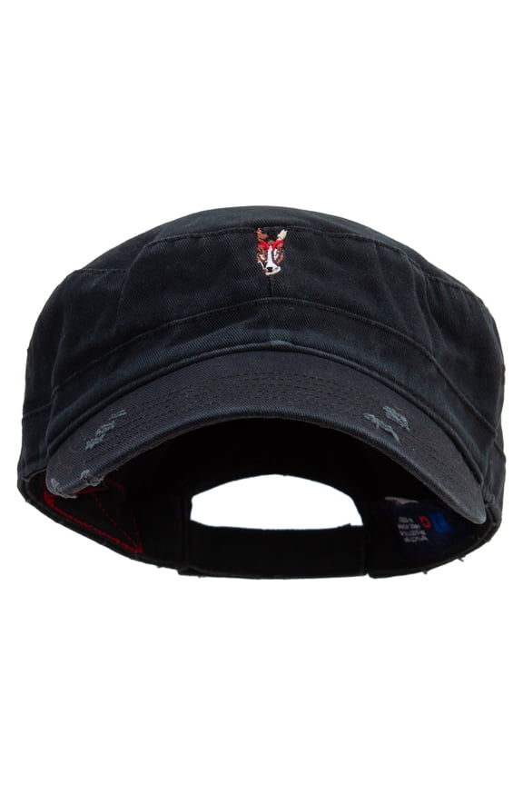 Horse Head Logo Embroidered Enzyme Frayed Solid Army Caps - Black OSFM