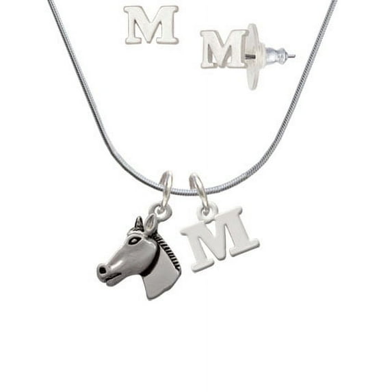 Horse Head - M Initial Charm Necklace and Stud Earrings Jewelry Set