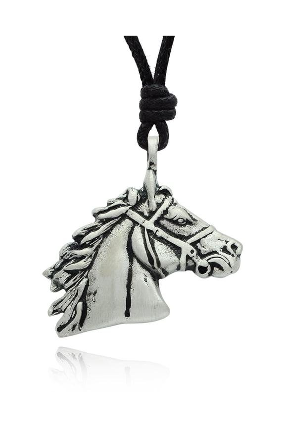 Horse Head Riding Equestrian Silver Pewter Charm Necklace Pendant Jewelry With Cotton Cord