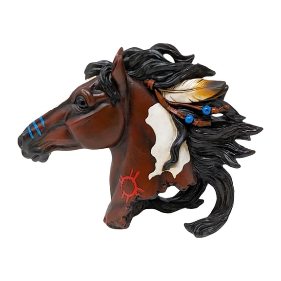 Horse Head Statue with Feathers – Rustic Western Bust Decor for Shelf or Desk – Cowboy & -Inspired Resin Figurine – Boho Equestrian Accent for Home or Office