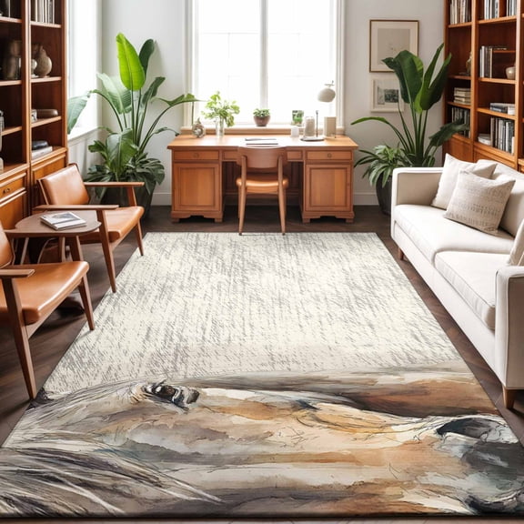 Horse Head Washable Area Rug 9 x 12 ft Animal Farmhouse Rustic Watercolor, Soft Non Slip Rugs Stain Repellent Indoor Felt Carpet for Living Dining Room Bedroom Home Office