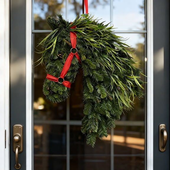 Horse Head Wreath 17.7 Inch Christmas Horse Head Shape Wire Wreath Rustic Farmhouse Equestrian Door Decor For Front Door Barn Porch Holiday Home Decoration(Horse Head-45X35Cm)