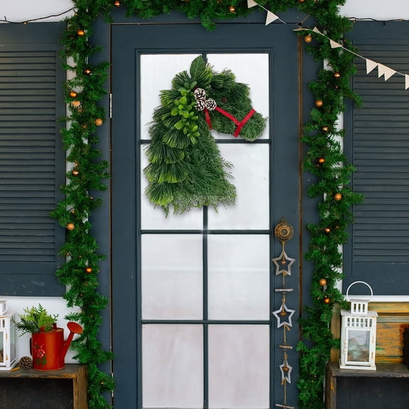 Horse Head Wreath Christmas Decoration | Realistic Green Garland With Red Accents For Front Door,Wall,Mantel,Farmhouse Holiday Decor Display