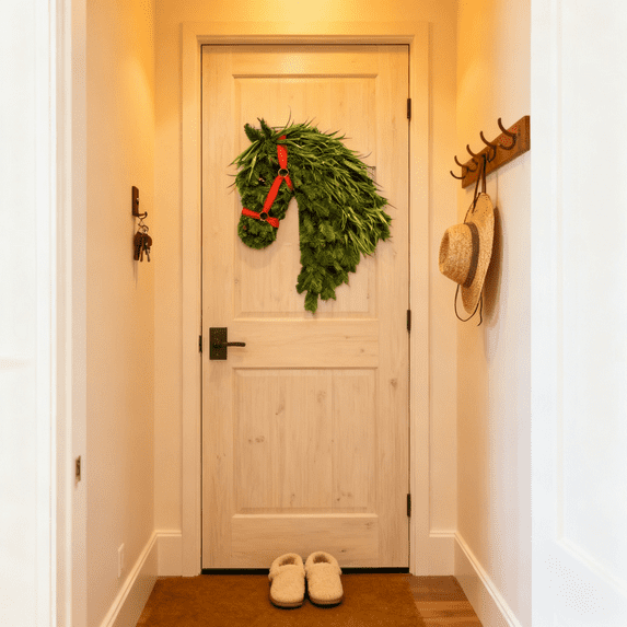 Horse Head Wreath for Christmas – Handwoven Equestrian Style Front Door Wreath, Rustic Farmhouse Decor with Velvet Ribbon, Perfect Holiday Gift for Horse Lovers