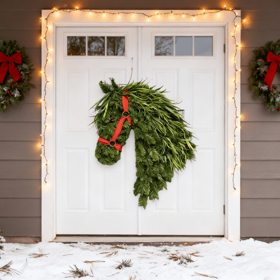 Horse Head Wreath, Equestrian Handmade Christmas Wreath, Rustic Pine Swag Front Door Decoration with Faux Greenery and Red Bow for Holiday Decoration