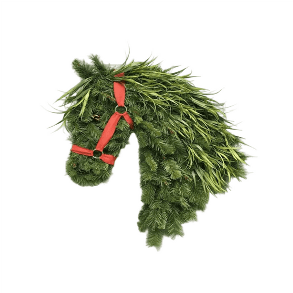 Horse Head Wreath, Horse Head Greenery Ornament, Rustic Farmhouse Door Decor, Green Pine Horse Head for Front Door, Barn, Porch Wall, Holiday Decoration