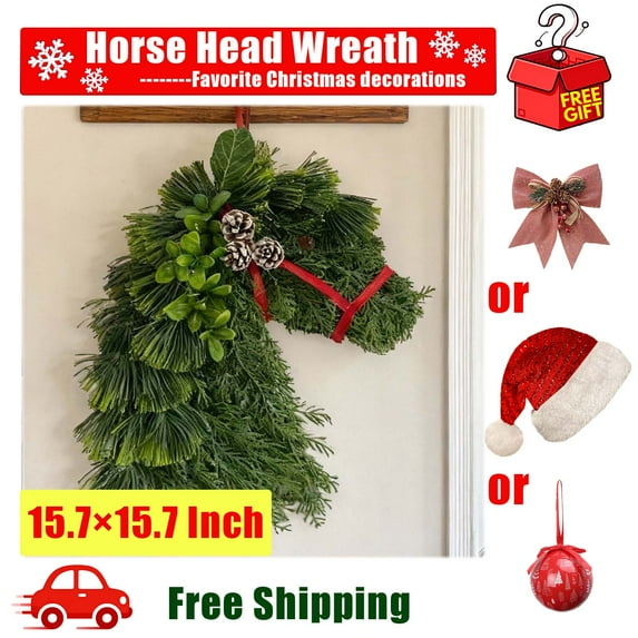 Horse Head Wreath – Rustic Farmhouse Equestrian Door Decor, 15.7*15.7 in Christmas Green Pine Horse Head Door Wreath, for Front Door, Barn, Porch Wall, Holiday Decoration