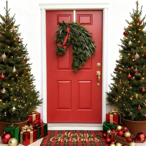 Horse Head Wreath – Rustic Farmhouse Equestrian Door Decor, 16.54x12.99 in Christmas Green Pine Horse Head Door Wreath, for Front Door, Barn, Porch Wall, Holiday Decoration