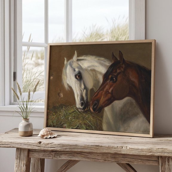Horse Heads Portrait Two Horses Nuzzling Hay Rustic Farmhouse Equestrian Moody Vintage