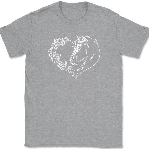 Horse Heart T-Shirt Love Ridding Equestrian Pony Animal Graphic Tee - Heather Grey, XL