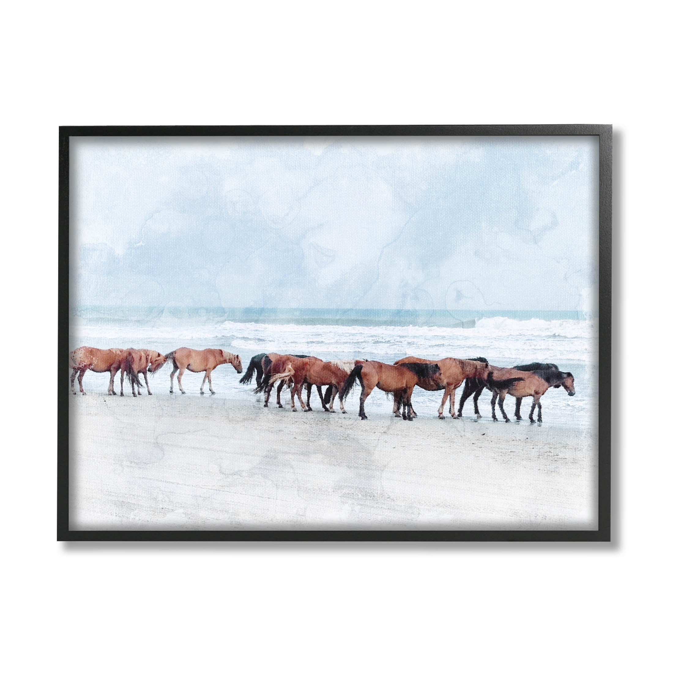 Horse Herd Grazing Beach Shore Animals & Insects Photograph Black Framed Art Print Wall Art