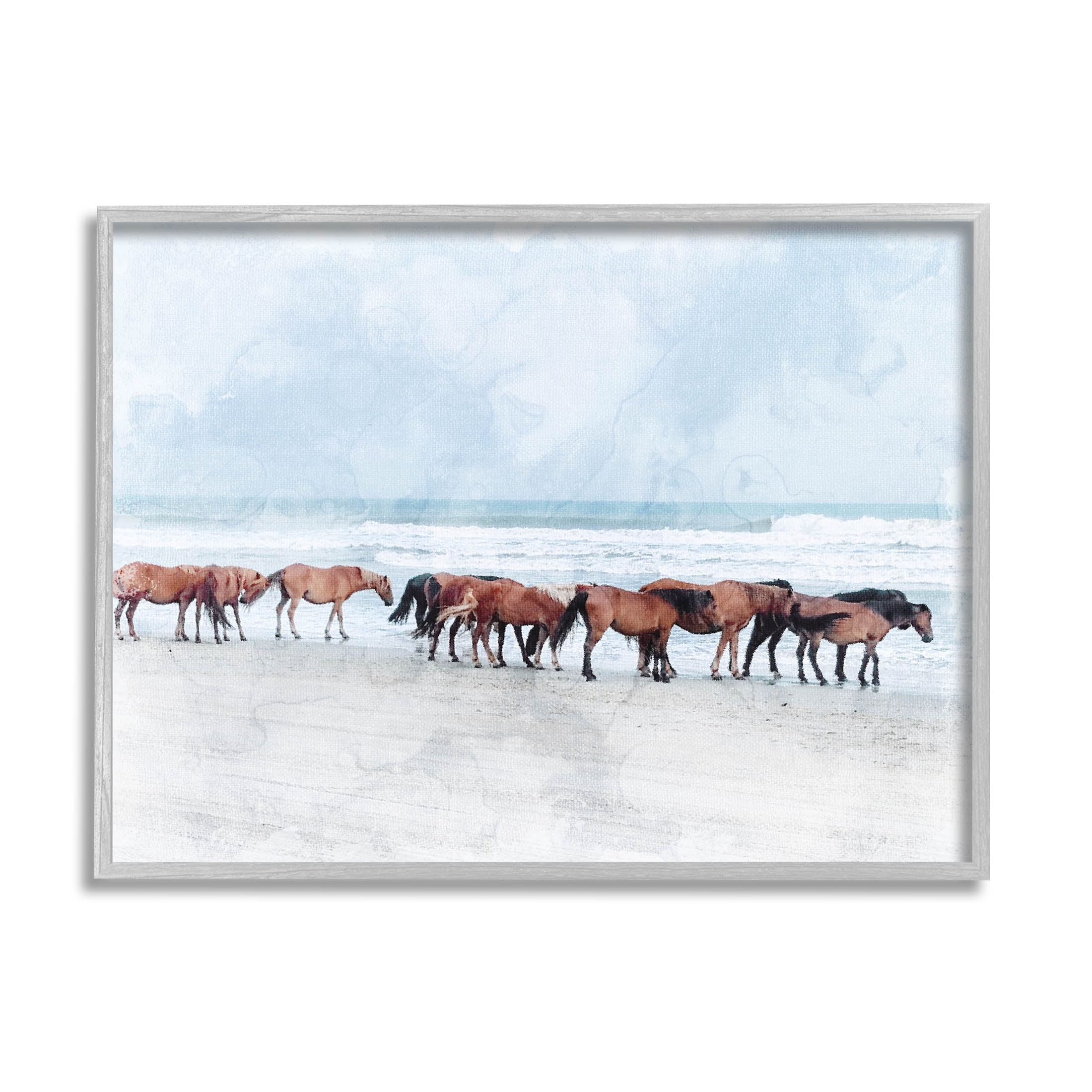 Horse Herd Grazing Beach Shore Animals & Insects Photograph Gray Framed Art Print Wall Art